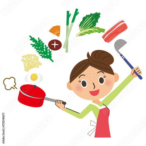 忙しい主婦が手早く料理をする様子