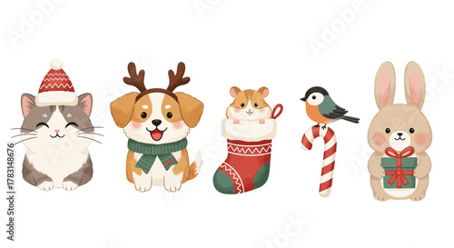 Cute cartoon animals celebrating Christmas, including a cat, dog, hamster, bird, and rabbit with festive accessories.