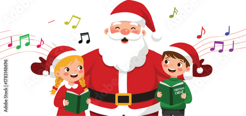 Christmas, Santa Claus, children, caroling, singing, festive, joy, tradition, music, holiday, winter, melody, celebration, cheer, songbook, performance, happiness, seasonal, red outfit, Santa hat