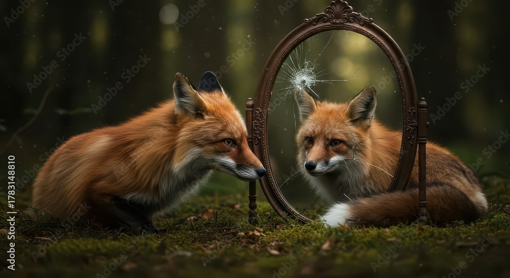 Obraz premium Clever mammal gazes intently at its fragmented reflection within an antique frame situated in a dim woodland setting