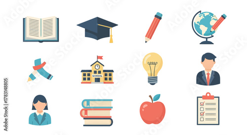 Collection of education-related icons, including books, pencils, globes, and graduation caps.