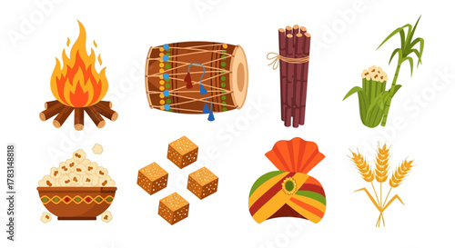 A collection of icons representing the Punjabi harvest festival of Lohri, including a bonfire, dhol drum, sugarcane, and traditional foods.