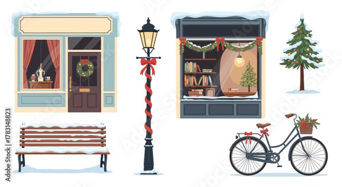 A charming winter scene depicting a snow-covered street with decorated shops, a lamppost, a park bench, a bicycle, and a Christmas tree.