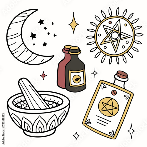 Mystical Collection of Witchcraft Symbols: A mesmerizing compilation of witchcraft and mystical elements, evoking a sense of ancient wisdom, magic, and arcane knowledge.