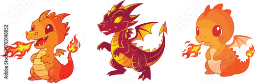 Cute cartoon fire-breathing baby dragons, adorable fantasy creatures with wings and flames, magical dragon characters illustration for kids design