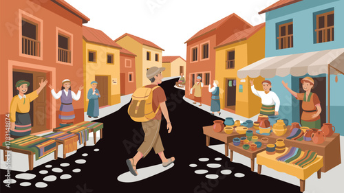 Colorful village market, traditional crafts, local women, traveler walking, pottery stall, woven textiles, cultural heritage, tourism, ethnic street, warm buildings