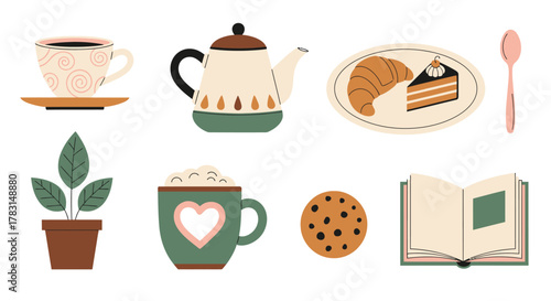 A collection of illustrations featuring various objects associated with a cozy tea time setting.