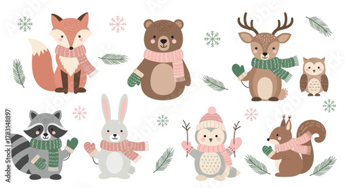 Adorable cartoon winter animals illustration featuring a fox, bear, deer, owl, raccoon, rabbit, penguin, and squirrel dressed in warm scarves and mittens.