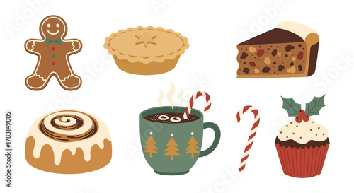 A collection of various baked goods and a warm beverage, perfect for the holiday season.
