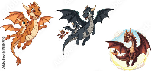 Adorable flying dragon family with baby dragons, cute fantasy creatures in flight, happy parent dragons with wings, cartoon illustration art