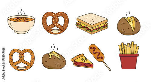 Illustration of various foods including soup, pretzels, sandwich, baked potatoes, pie, corn dog, and fries.