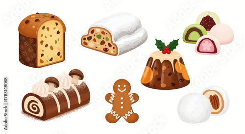 Festive assortment of Christmas desserts including Panettone, Stollen, pudding, Yule log, gingerbread man, and mochi.