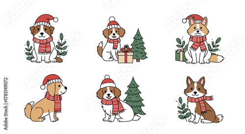 A charming collection of six adorable dogs dressed in festive Christmas attire, including Santa hats and scarves, surrounded by holiday elements like decorated trees and gifts.