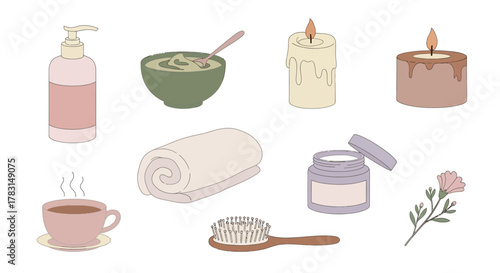 A charming illustrated collection of spa, beauty, and self-care items for relaxation and wellness.