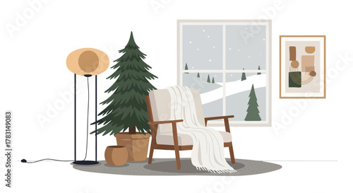 Cozy armchair and Christmas tree by a snowy window, with a floor lamp and artwork.