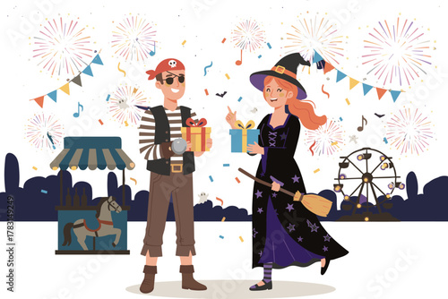 Costume party celebration, pirate and witch characters, festive fireworks, gift exchange, carnival fun, Halloween theme, amusement park, joyful atmosphere, night event