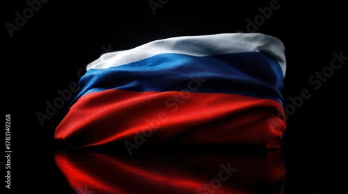 Russia flag draped flat across reflective black surface mirrored image crisp below Soft spotlighting folds naturally while background