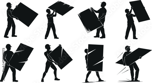 Silhouettes of workers lifting panels, manual labor, safety gear, construction site, ergonomics, posture, teamwork, industrial effort, handling techniques