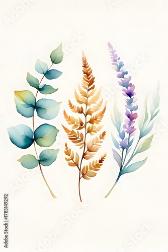 Watercolor painting of eucalyptus fern and lavender with soft pastel colors and light background