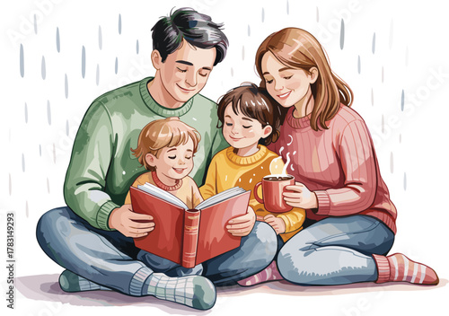 Cozy family reading time, parents with children, storytelling, warm drink, bonding, love, quiet moment, socks, book, rainy day, happiness