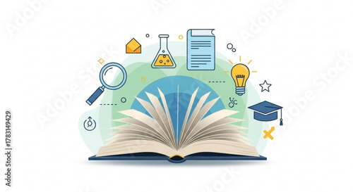 Education concept illustration with book, lightbulb, and graduation cap for learning and knowledge, study