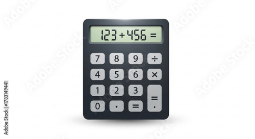 Calculator for math calculations and financial analysis with display showing addition problems and solutions