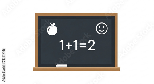 Educational chalkboard with apple and smiley face illustration for learning math and basic addition