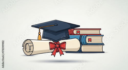 Graduation cap and diploma with books vector illustration for educational achievement and success design