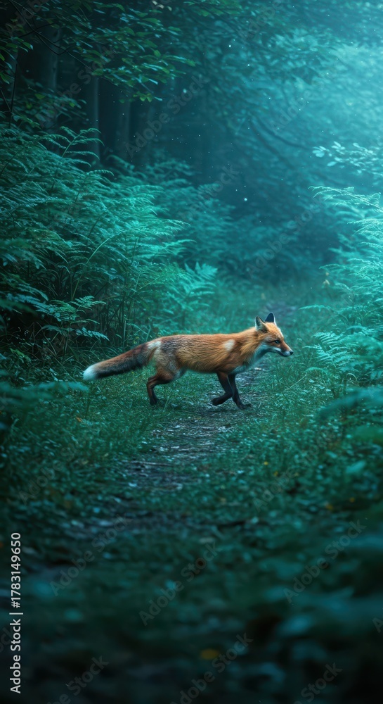 Obraz premium Wild canine animal traverses a shadowy woodland path surrounded by lush foliage