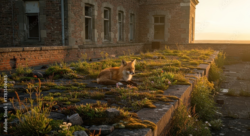 Obraz premium Wild mammal rests peacefully on overgrown rooftop terrace against warm sunset light
