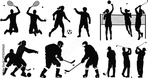 Sports silhouette illustration, tennis, soccer, volleyball, basketball, hockey, golf action poses, dynamic athletes, black vector, fitness concept, team activity