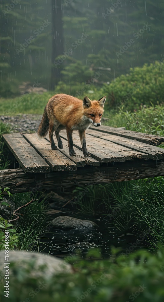 Fototapeta premium Wild mammal stands cautiously on a weathered wooden crossing in a misty forest environment