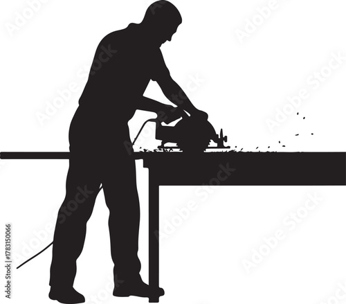Silhouette of a skilled carpenter or woodworker using a powerful circular saw to cut wood on a workbench, generating sawdust. An iconic image of construction, DIY, and craftsmanship