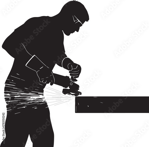  Silhouette of a worker using an angle grinder, cutting or grinding metal with bright sparks, illustrating industrial labor, craftsmanship, or construction work with power tools and safety gear.