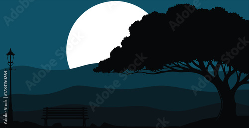 Peaceful Night Landscape with Tree, Bench, and Full Moon