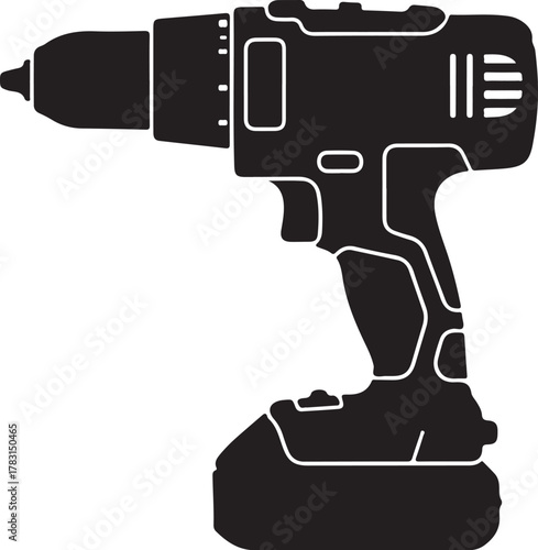  Cordless power drill or electric screwdriver vector icon on white background, black silhouette of a hand power tool for construction and DIY work.