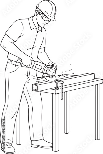  Industrial worker in safety gear cutting a metal beam with an angle grinder, performing grinding or cutting work with sparks flying