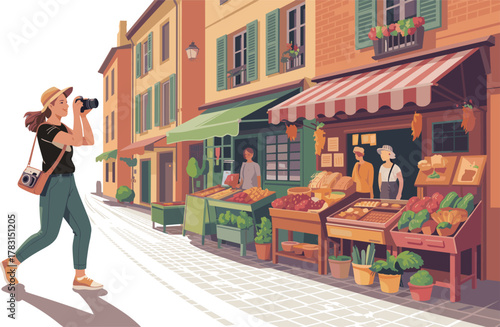 European street market, fresh produce, local vendors, colorful buildings, photography moment, travel lifestyle, charming town, outdoor shopping, community vibe, vegetables