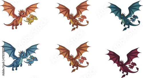 Colorful flying dragon family illustration, cute baby dragons with parents, fantasy creature artwork, adorable mythical dragon design, magical cartoon vector art