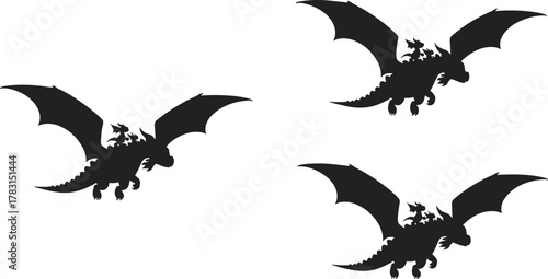 Black dragon flying silhouette, fantasy creature with wings, mythical beast illustration, dragon flight art design, dark fantasy vector artwork