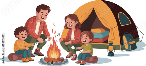 Family camping fun, marshmallow roasting, campfire warmth, outdoor bonding, yellow tent, sleeping bags, smiling faces, nature joy, backpack, lantern