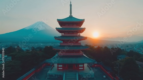 Sunrise over pagoda, Fuji in background