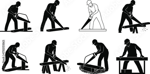 Wood sawing, silhouette workers, hand saw, carpentry, black and white, posture variation, vector illustration, construction, manual labor, job, tool use