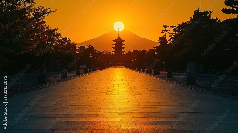 Obraz premium Sunrise path to pagoda, mountain silhouette