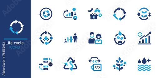 Life cycle icon set. Lifespan, baby, children, growth, teenager, student, graduation, working, dating, wedding, family, senior and tomb. Solid vector icons collection. 