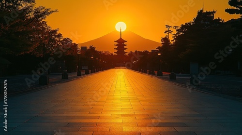 Sunrise path to pagoda, mountain silhouette