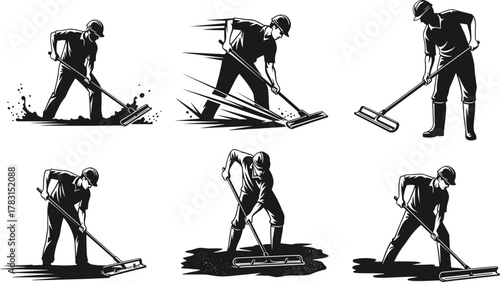 "Worker raking soil, manual labor illustration, gardening technique, landscaping effort, construction preparation, black and white dynamic pose artwork"
