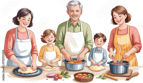 Family cooking, kitchen teamwork, joyful meal prep, multigenerational bonding, homemade food, shared tradition, happy children, fresh ingredients, cozy atmosphere, culinary love