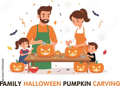 Family Halloween pumpkin carving, festive activity, kids and parents, autumn celebration, spooky decorations, creative fun, holiday tradition, joyful bonding moment