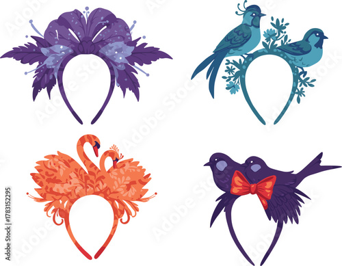 Colorful bird and flower headband collection, decorative nature-inspired accessories with swans, sparrows, and floral designs for creative artwork